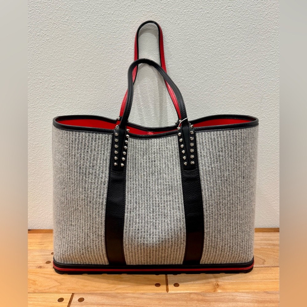 Christian Louboutin Large Cabata Tote Grey Wool w/Black/Red Leather Accents, EUC